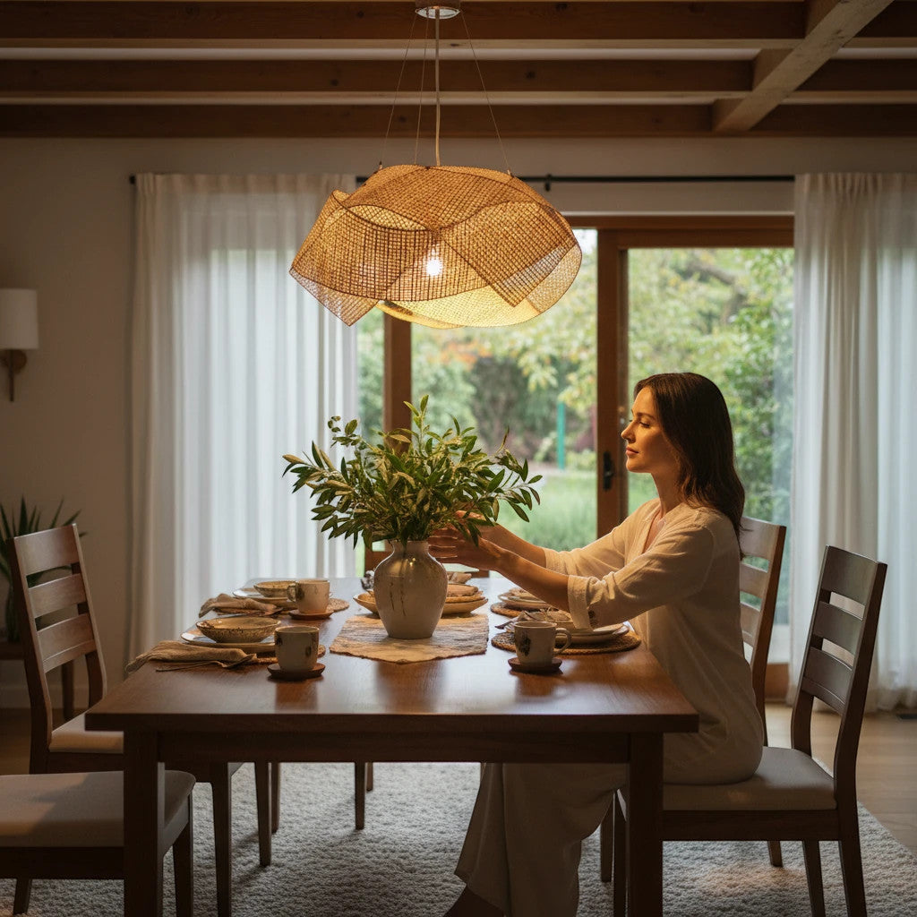 Lysverden flat round rattan pendant light hanging over a dining table in a cozy Japandi style room