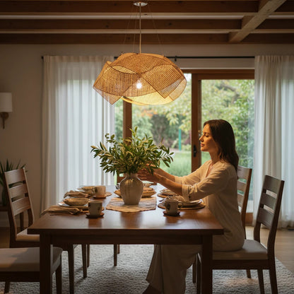 Lysverden flat round rattan pendant light hanging over a dining table in a cozy Japandi style room