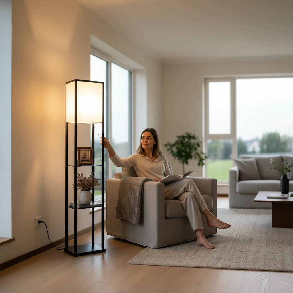 Lysverden floor lamp with wooden frame, fabric shade, and three shelves, standing next to a woman in a living room.