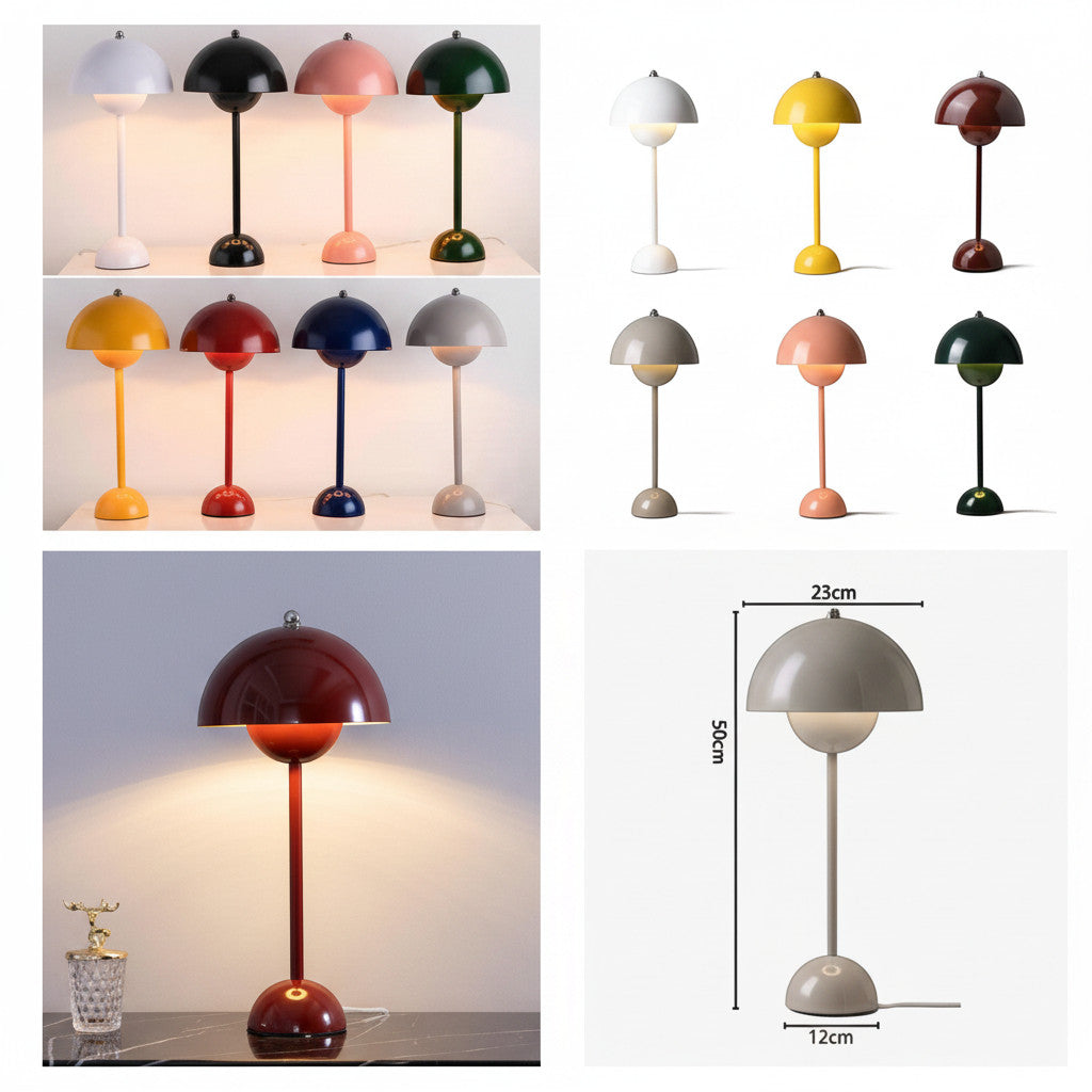 Lysverden Flowerpot table lamp in red metal, inspired by Verner Panton's 1968 design. Features double metal shades and an E27 socket.