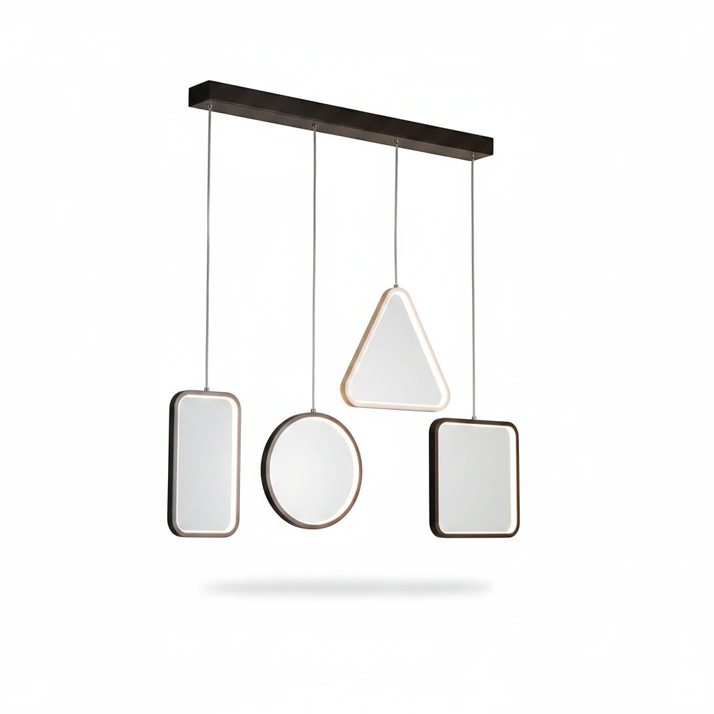 Lysverden modern geometric LED pendant light with square, circle, and triangle frames in black metal and acrylic.