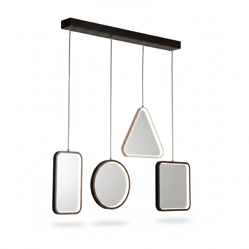 Lysverden geometrisk LED-pendel med sorte rammer i firkant, sirkel og trekant for moderne, minimalistiske interiør.