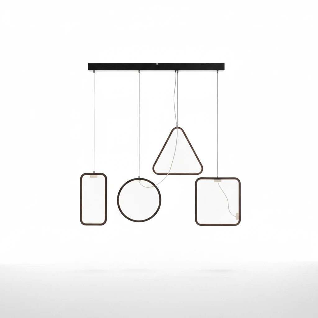 Lysverden modern geometric LED pendant light with black square, circle, and triangle frames hanging in a row.