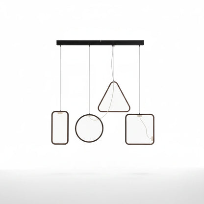 Lysverden modern geometric LED pendant light with black square, circle, and triangle frames hanging in a row.