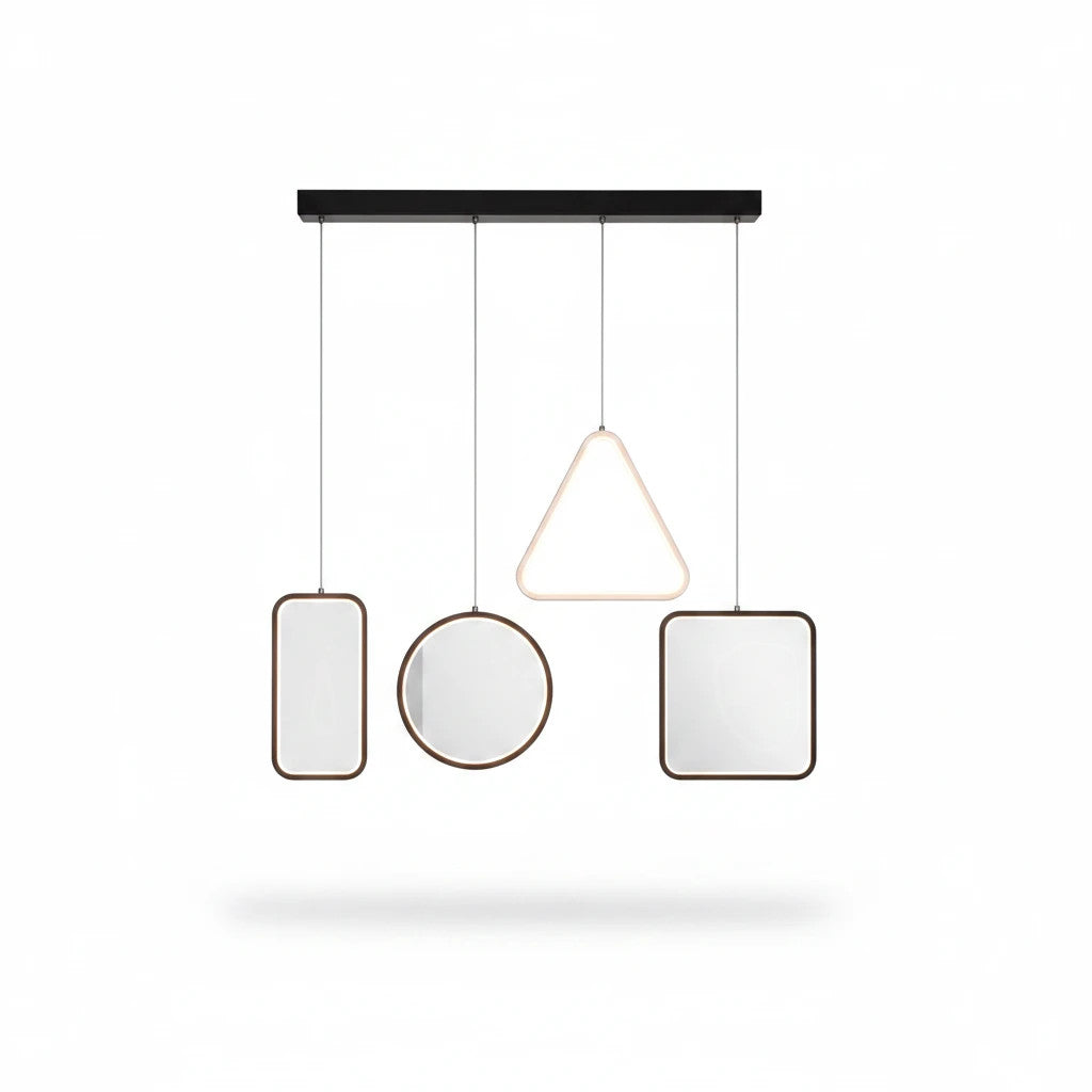 Lysverden modern geometric LED pendant light with black rectangular, circular, and triangular frames over a table.