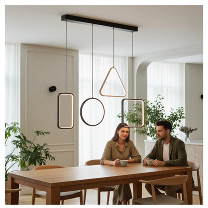 Lysverden geometric LED pendant lights with square, circle, and triangle frames hanging over a modern dining table.