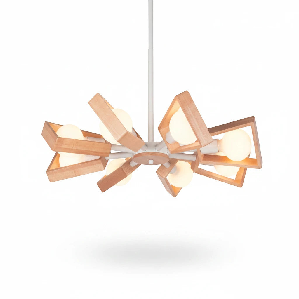 Lysverden chandelier featuring geometric natural wood frames and opal glass globes in a minimalist Japandi style.