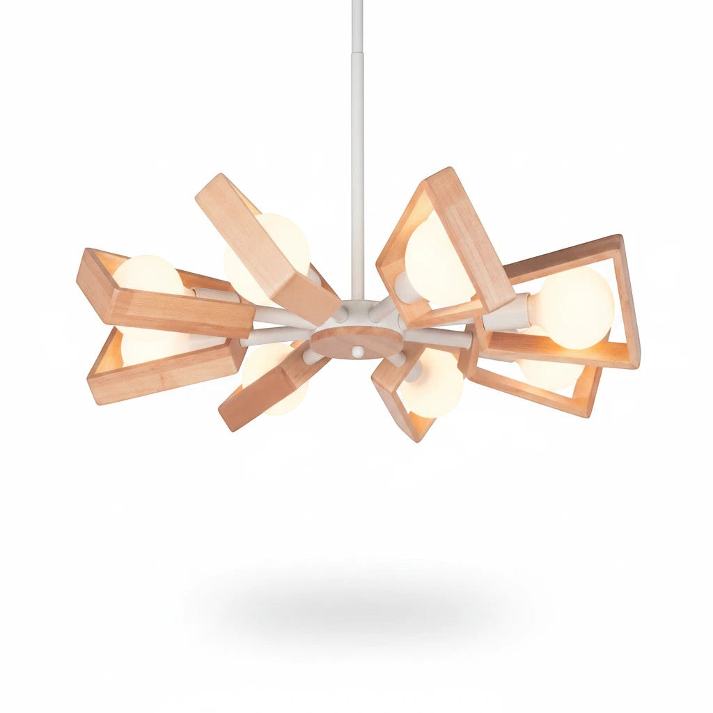 Lysverden chandelier with geometric natural wood frames and opal glass globes in a Japandi style design.