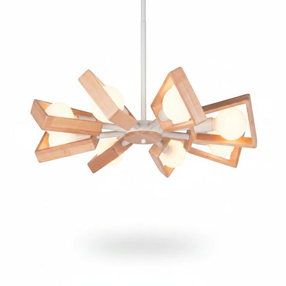 Lysverden chandelier with geometric natural wood frames and opal glass globes in a Japandi style design.