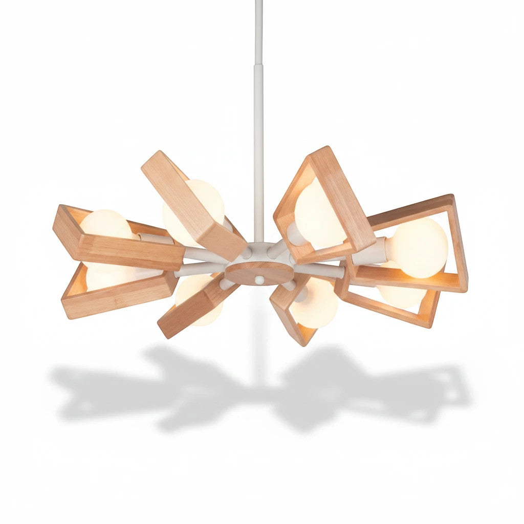 Lysverden chandelier with geometric natural wood frames and opal glass globes in a minimalist Japandi style.