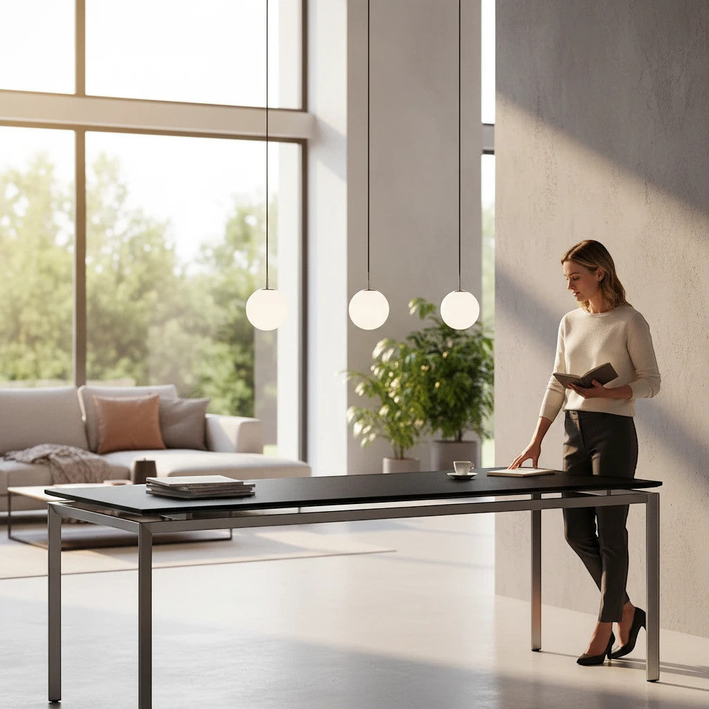 Lysverden minimalist pendant lights with black cylinders and white glass globes hanging over a modern dining table.