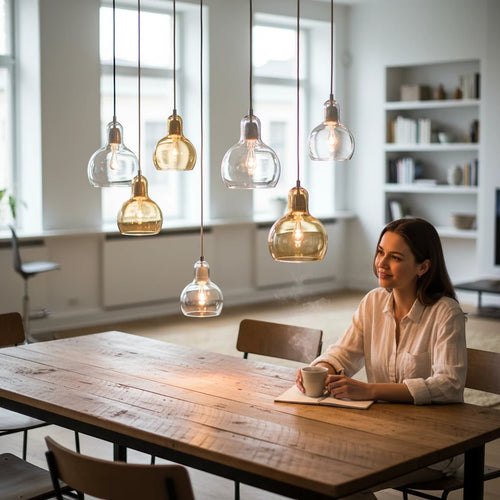 Lysverden glass pendant lamps in clear, amber, and smoke glass hanging in a cluster over a wooden dining table.
