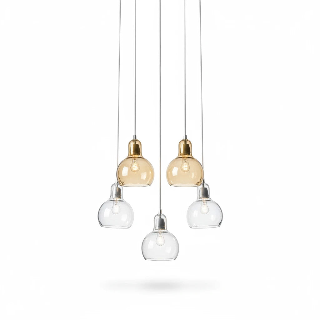 Lysverden glass pendant cluster with clear and amber glass bulbs in a retro design for atmospheric lighting.