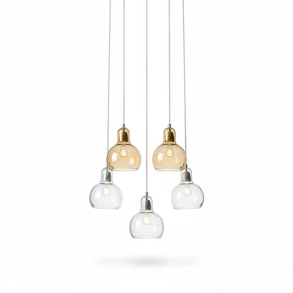 Lysverden glass pendant cluster with clear and amber glass bulbs in a retro design for atmospheric lighting.