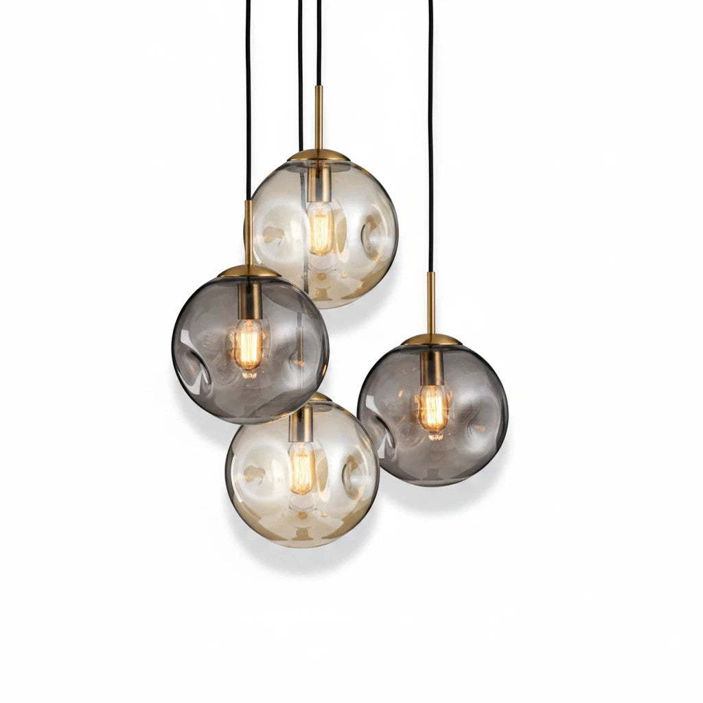 Lysverden glass pendant lamp cluster with hand-blown smoke grey and amber glass spheres and gold metal fixtures
