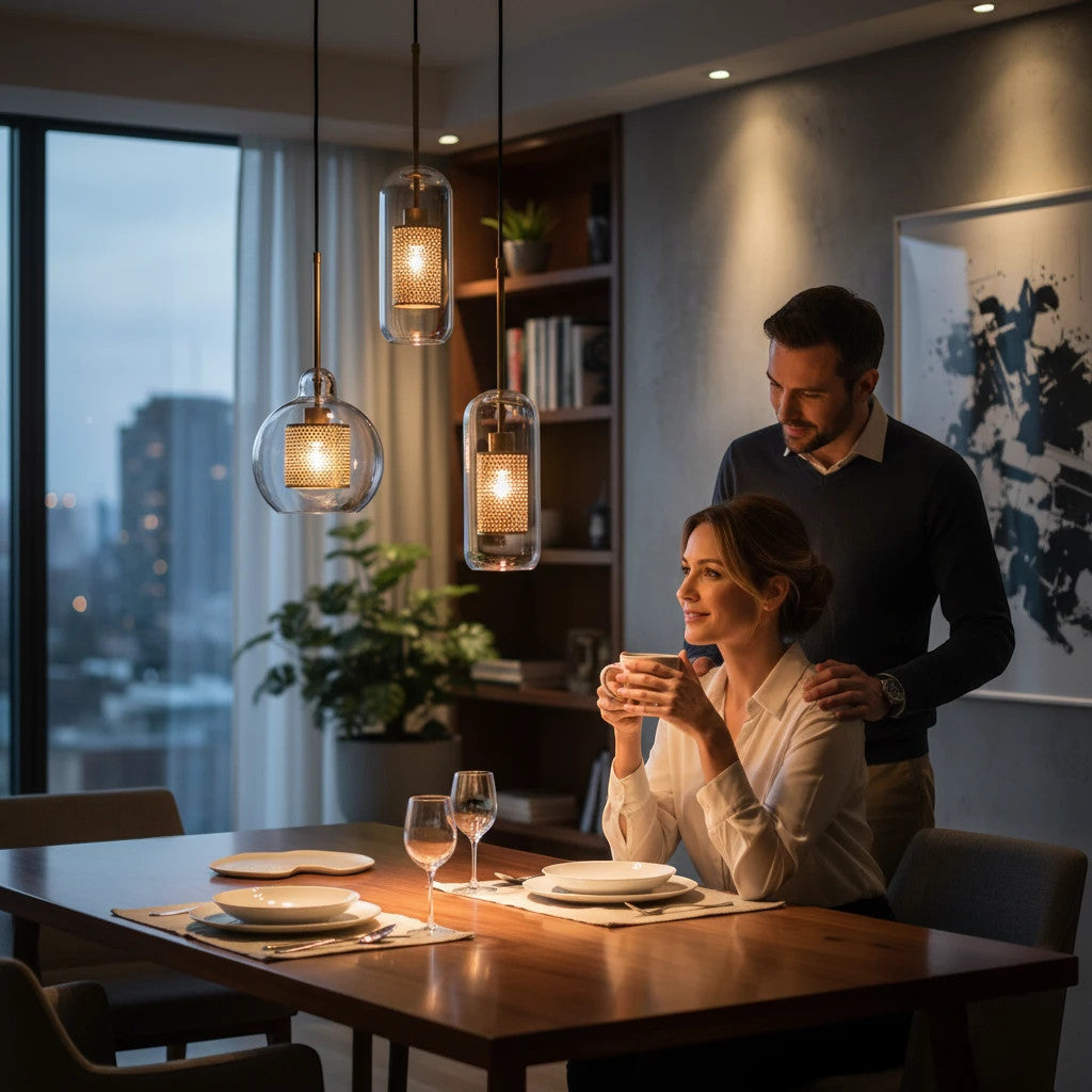 Lysverden glass pendant lights with gold mesh detail hanging over a dining table with a couple in a modern home