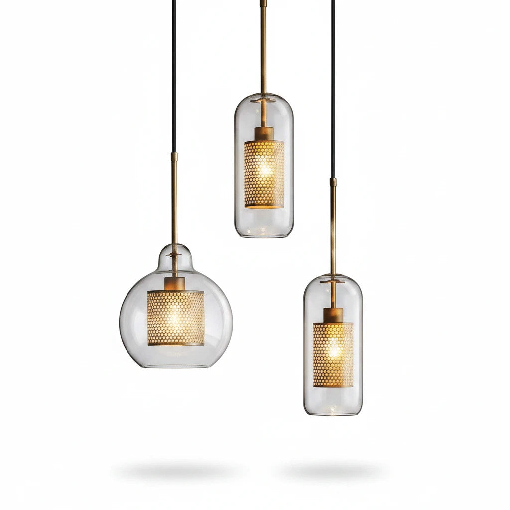 Lysverden glass pendant lights with clear glass shades and gold metal mesh inserts in a modern industrial style.