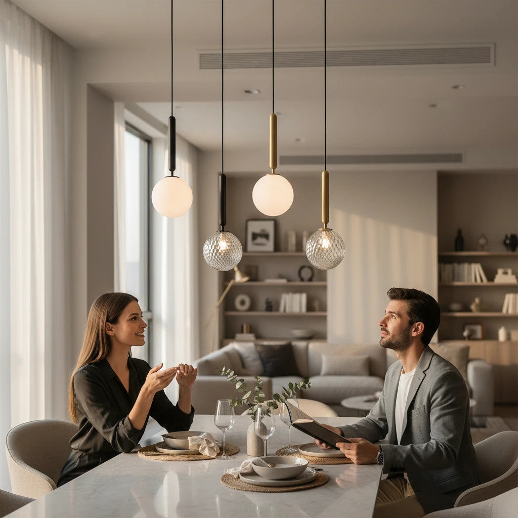 Lysverden glass pendant lamps with opal and faceted glass shades hanging over a modern dining table with a couple.
