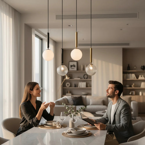 Lysverden glass pendant lamps with opal and faceted glass shades hanging over a modern dining table with a couple.