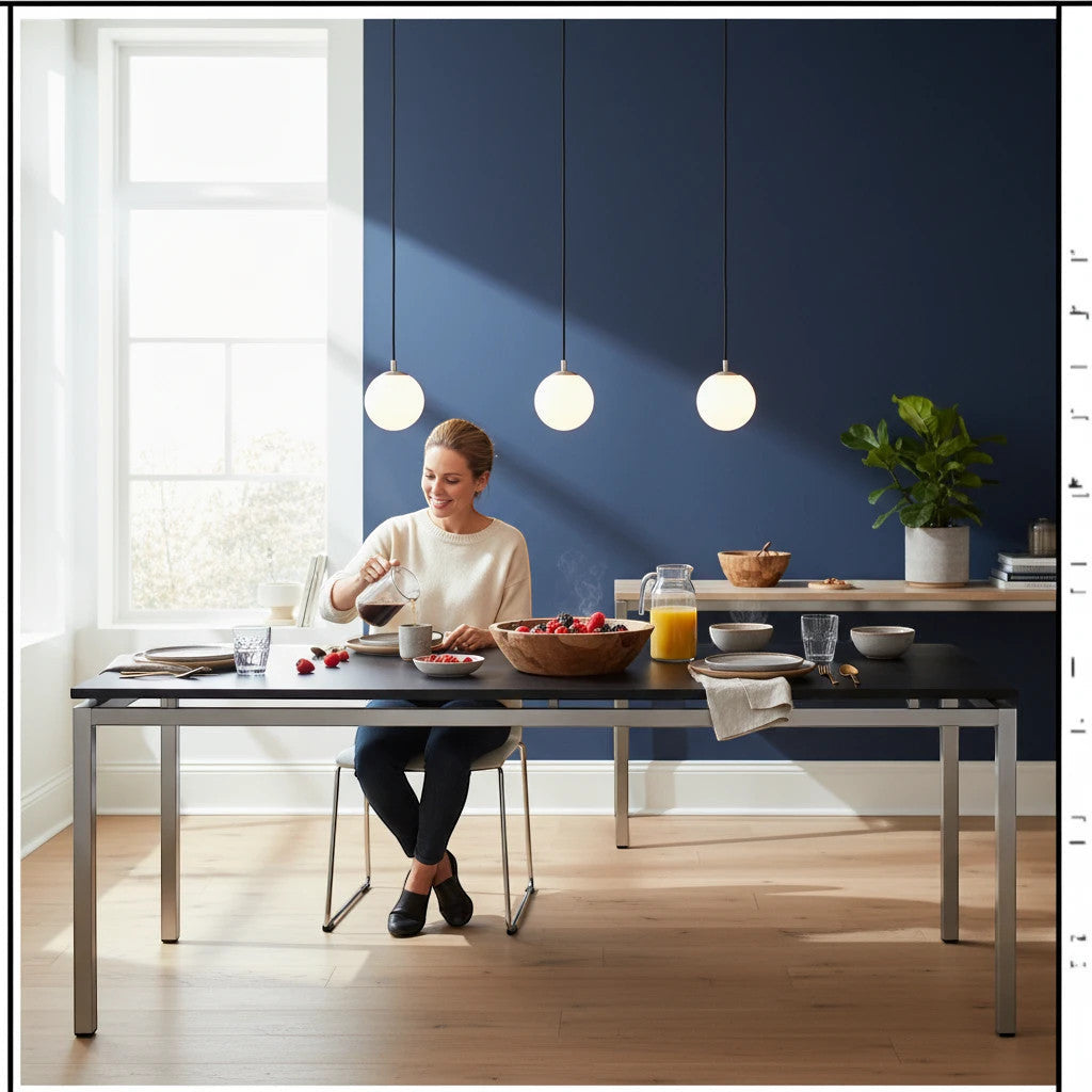 Lysverden minimalist pendant lights with white glass globes and black cylinders hanging over a modern dining table.