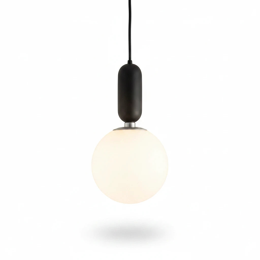 Lysverden GLOBE pendant lamp with a spherical opal glass shade and a minimalist black metal fixture on a white background