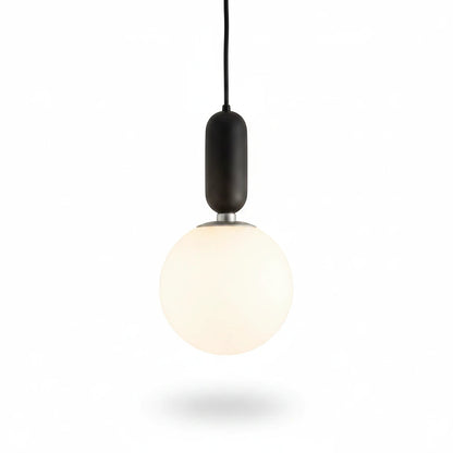 Lysverden GLOBE pendant lamp with a spherical opal glass shade and a minimalist black metal fixture on a white background