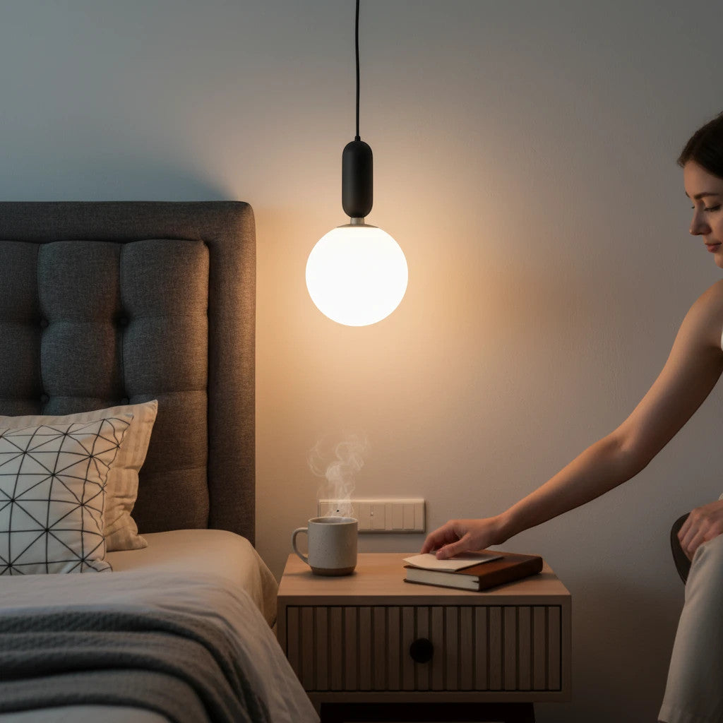 Lysverden GLOBE pendant lamp with opal glass sphere and black fixture, providing soft warm light in a modern bedroom.