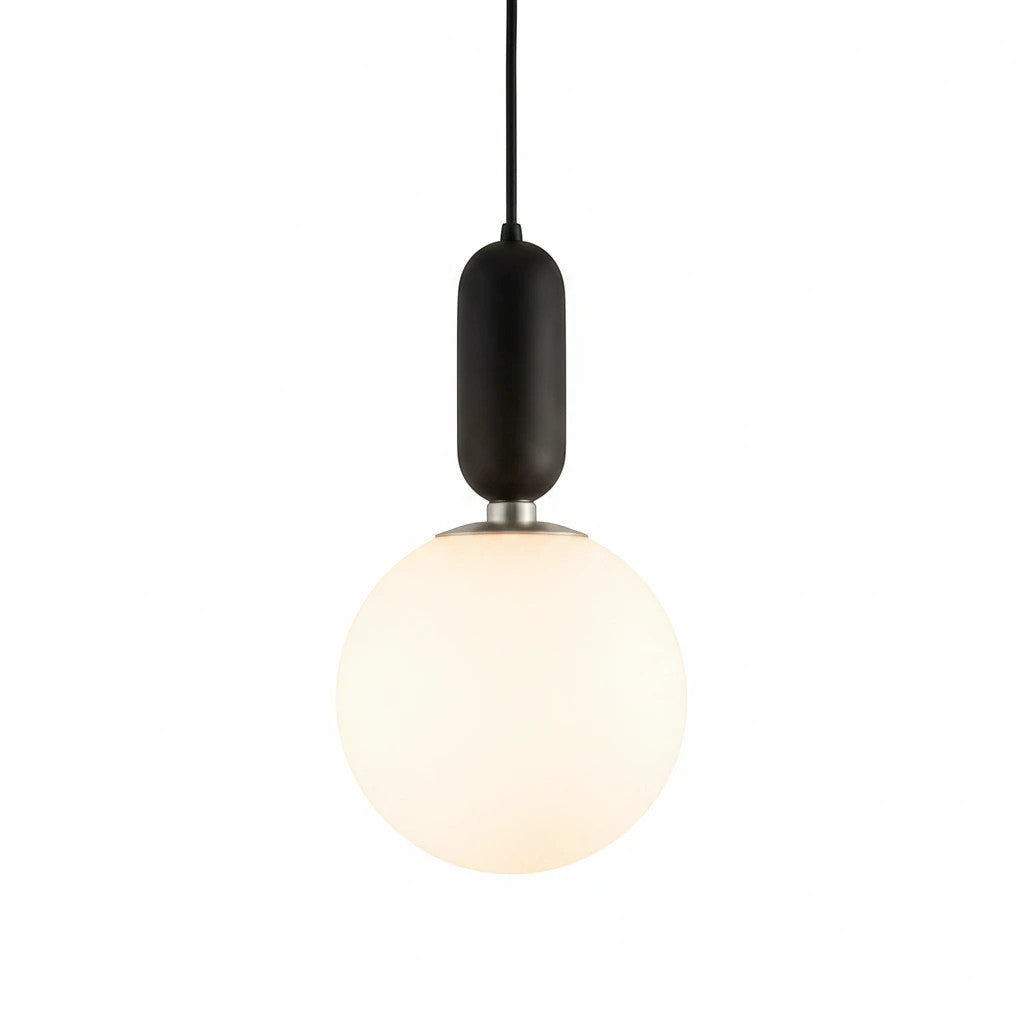 Lysverden GLOBE pendant lamp with a round opal glass shade and a sleek black metal fixture against a white background