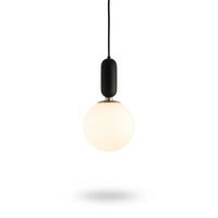 Lysverden GLOBE pendant lamp with a round opal glass shade and a minimalist black metal fixture against a white background