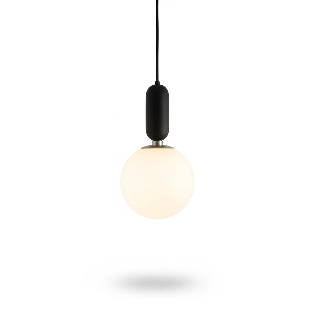 Lysverden GLOBE pendant lamp with a round opal glass shade and a minimalist black metal fixture against a white background