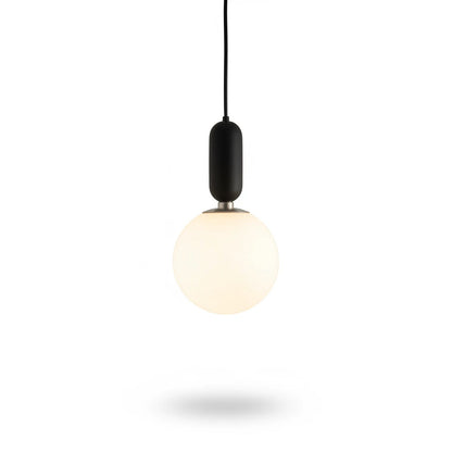 Lysverden GLOBE pendant lamp with a round opal glass shade and a minimalist black metal fixture against a white background