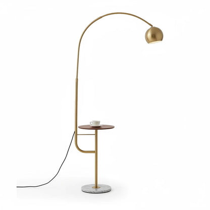 Lysverden elegant gold arc floor lamp with a marble base and integrated side table, perfect for modern living rooms.