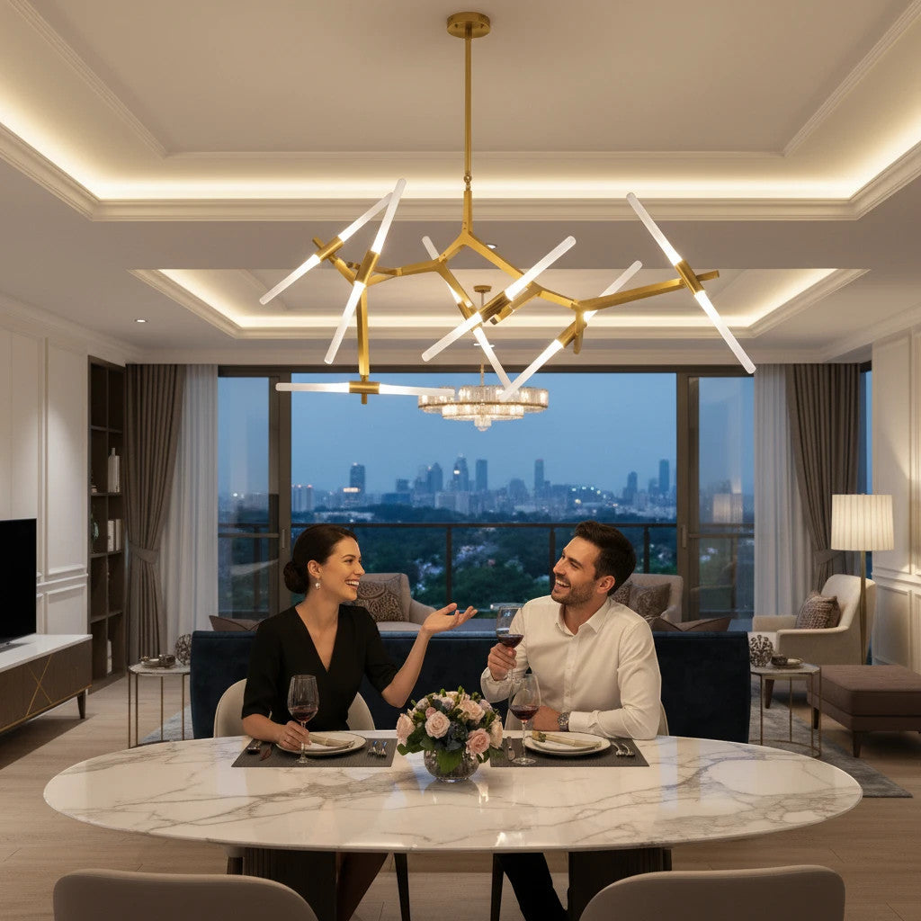 Lysverden gold branching chandelier with LED glass rods hanging over a marble dining table in a modern living room.