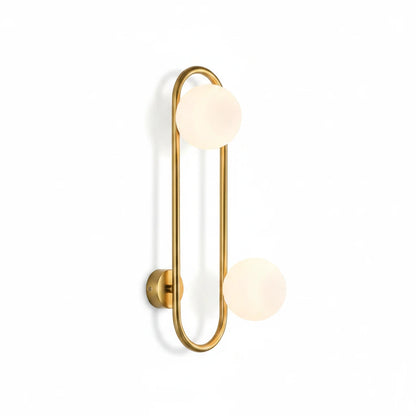 Lysverden midt-century wall lamp featuring a gold brass oval ring and two white frosted glass globe shades.