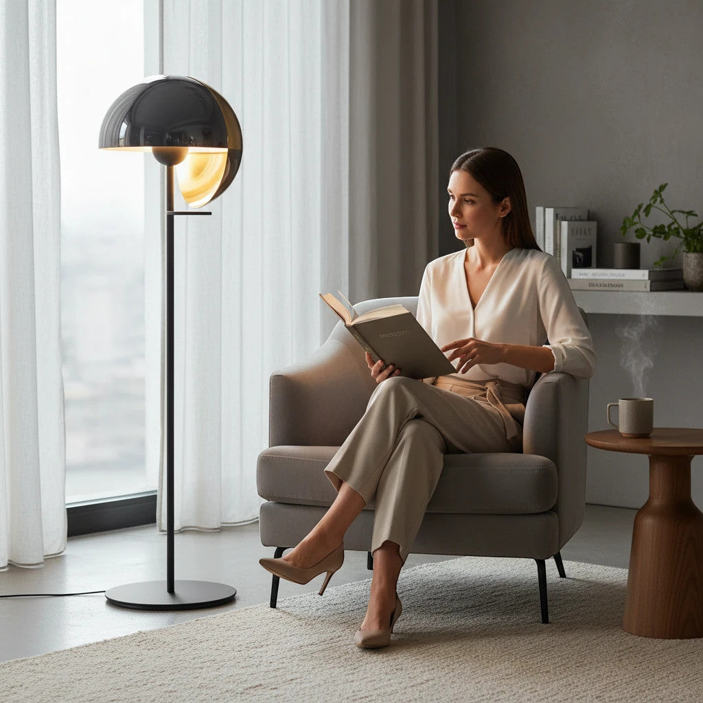 Lysverden floor lamp with a gold glass dome shade providing warm ambient light next to a woman reading in an armchair.