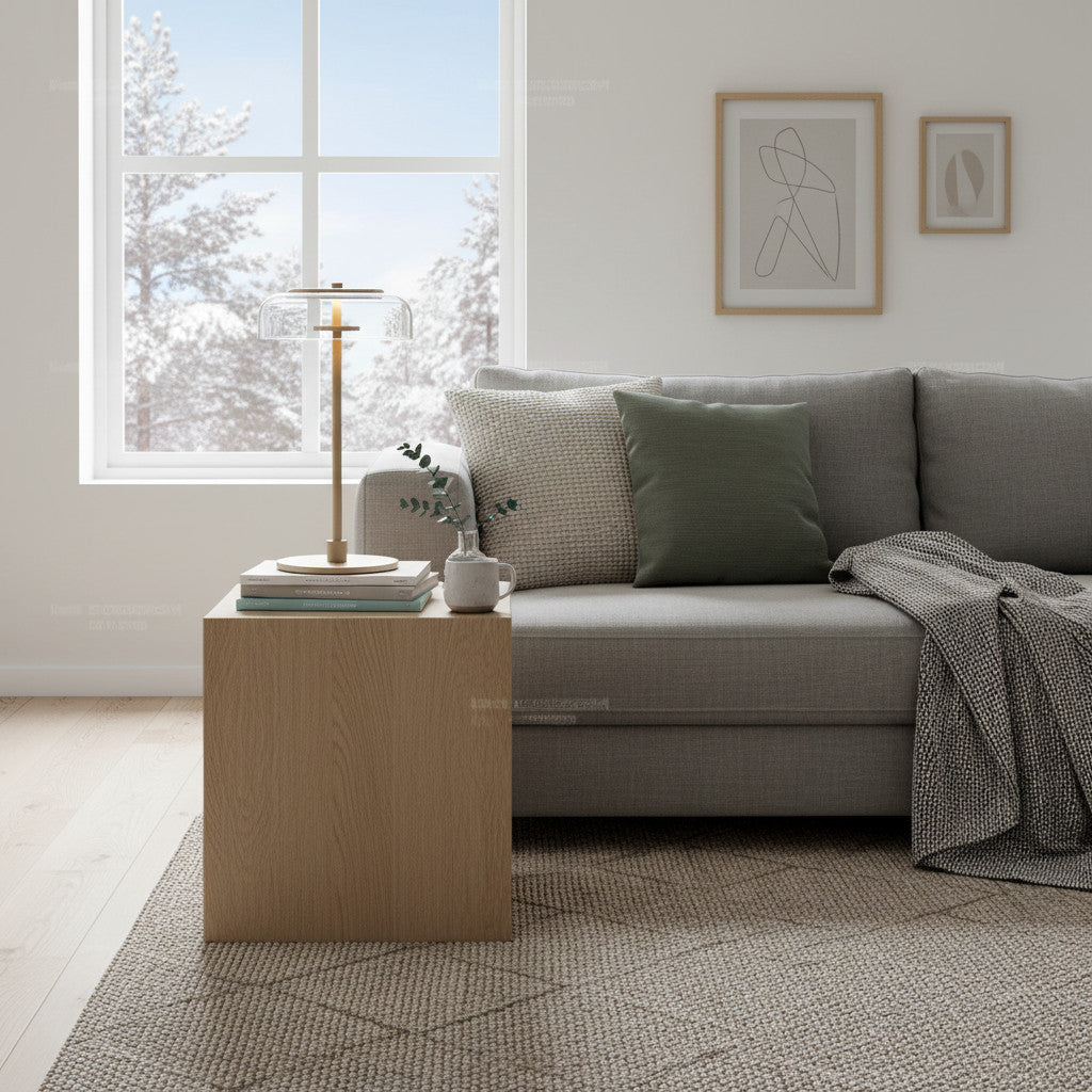 Lysverden gold table lamp with a clear glass disc shade on a wooden side table next to a grey sofa in a living room