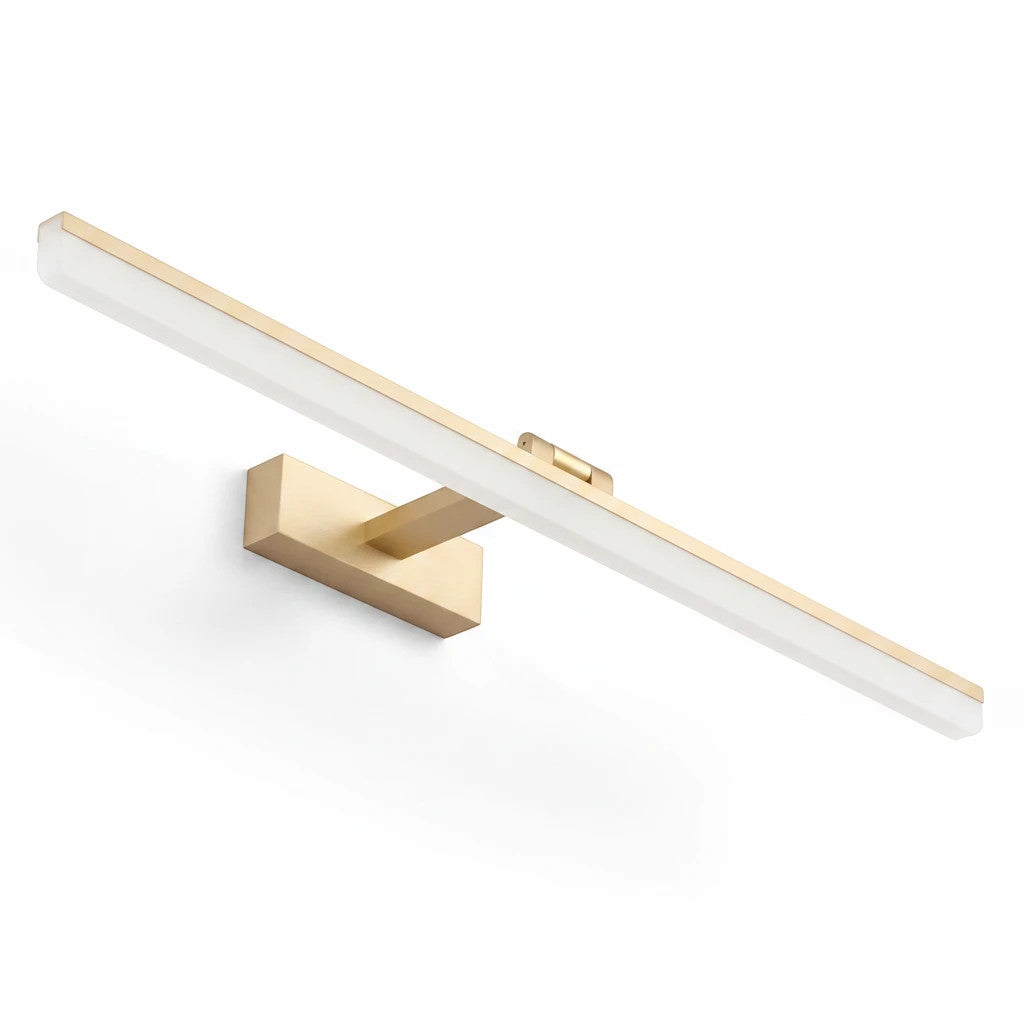 Lysverden gold LED linear wall lamp for mirrors and artwork with a sleek minimalist design and warm light output.