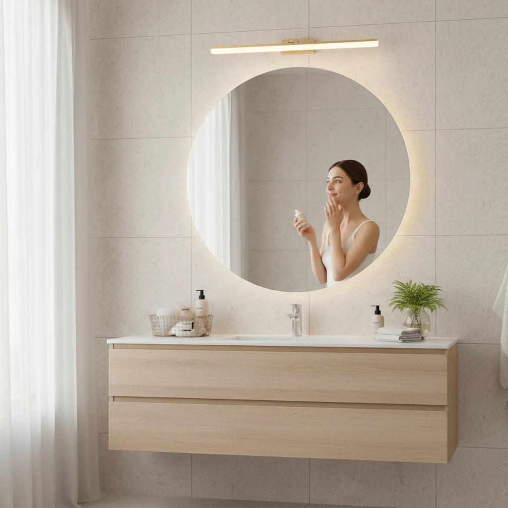 Lysverden gold LED linear wall lamp mounted above a round bathroom mirror with a woman applying skincare