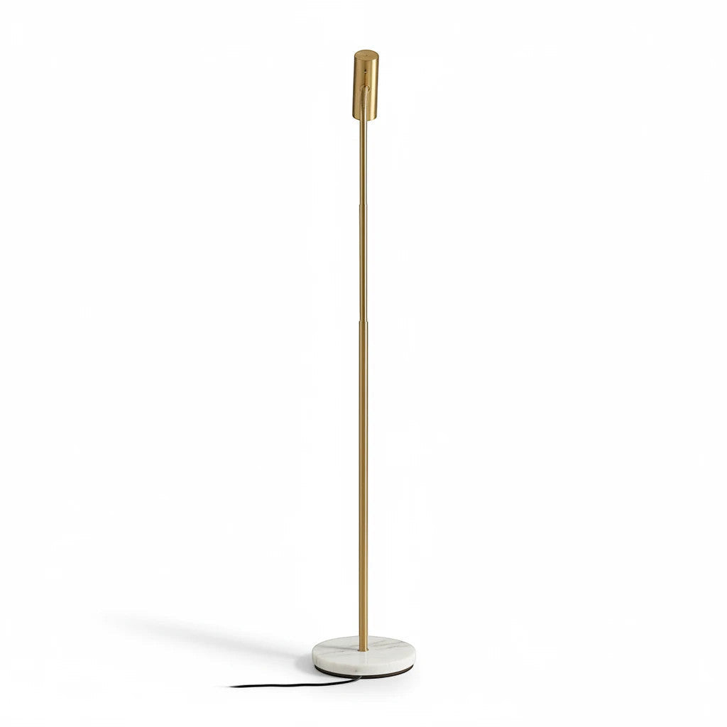 Lysverden minimalist gold floor lamp with a white marble base and adjustable LED reading head on a white background.