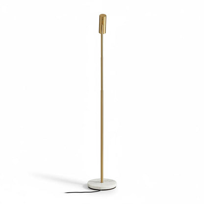 Lysverden minimalist gold floor lamp with a white marble base and adjustable LED reading head on a white background.