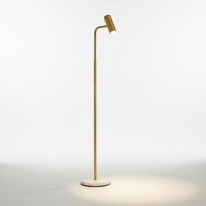 Lysverden minimalist gold floor reading lamp with a white marble base and adjustable LED head on a white background.