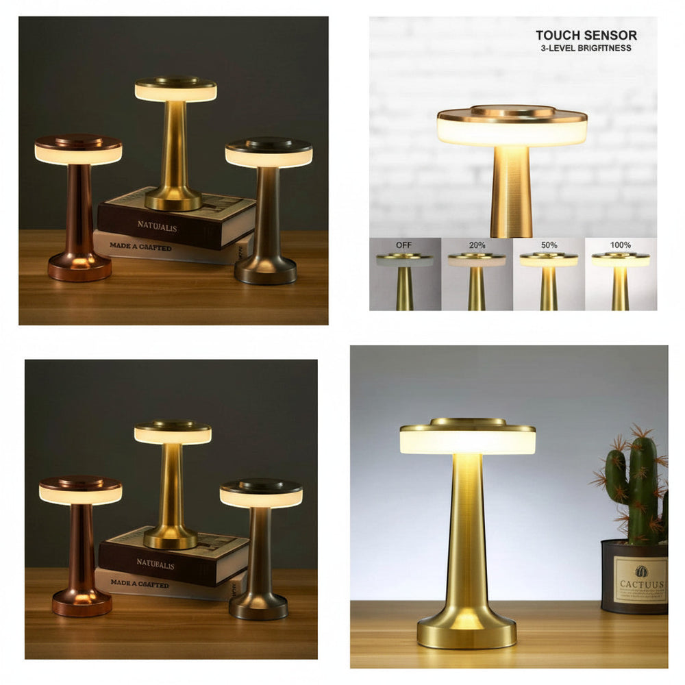 Lysverden gold metal disc-top touch lamp with 3 brightness levels and warm LED light.