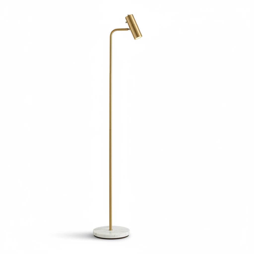 Lysverden gold metal floor lamp with a white marble base and adjustable LED reading head for minimalist interiors.