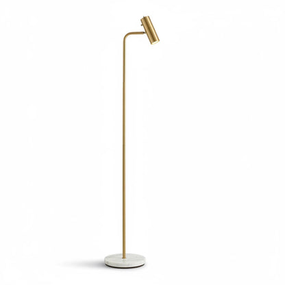 Lysverden gold metal floor lamp with a white marble base and adjustable LED reading head for minimalist interiors.