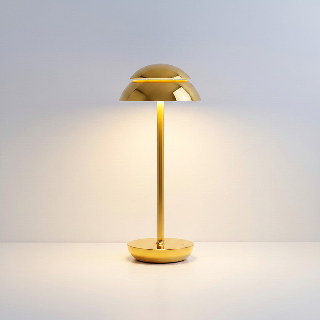 Lysverden Saturn-inspired gold metal table lamp with double dome shade, touch control, and 4000 mAh battery.