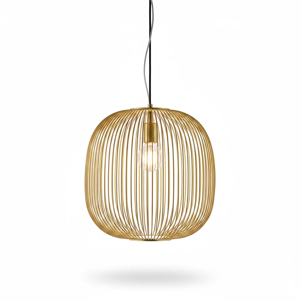 Lysverden gold metal wire cage pendant light with integrated LED, creating a sculptural and airy modern design.