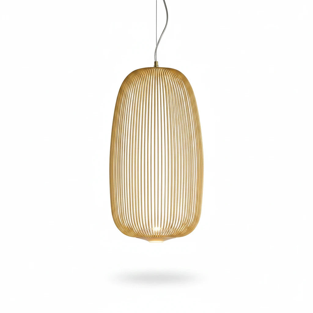 Lysverden gold metal wire cage pendant light with an open, sculptural design and integrated LED lighting.