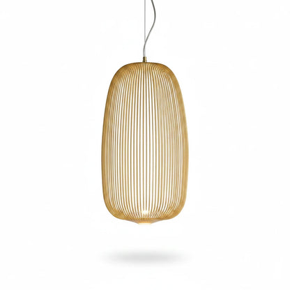 Lysverden gold metal wire cage pendant light with an open, sculptural design and integrated LED lighting.