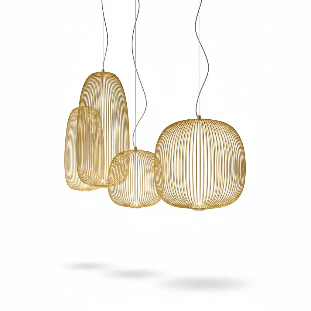 Lysverden sculptural gold metal wire cage pendant lights with integrated LED in various rounded shapes