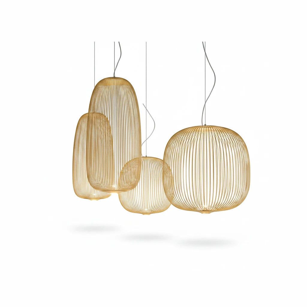 Lysverden sculptural gold metal wire pendant lights in various organic shapes with integrated LED lighting